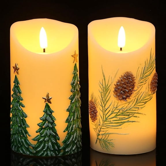 Christmas Flameless Candles with 6H Timer, Hand Painted Embossed Pinecone and Christmas Trees Patterns with 3D Flame, LED Christmas Candles Battery Operated for Home Decor(Set of 2, D3”x5.7”)