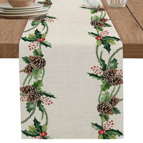 nqOlkjepod Green Pine Cone Table Runner 36 Inches Long Farmhouse Dress Scarves, Christmas Winter Plants Retro Beige Dining Tablerunner for Coffee Table/Kitchen Island/Party Décor, Small 13" x 36"