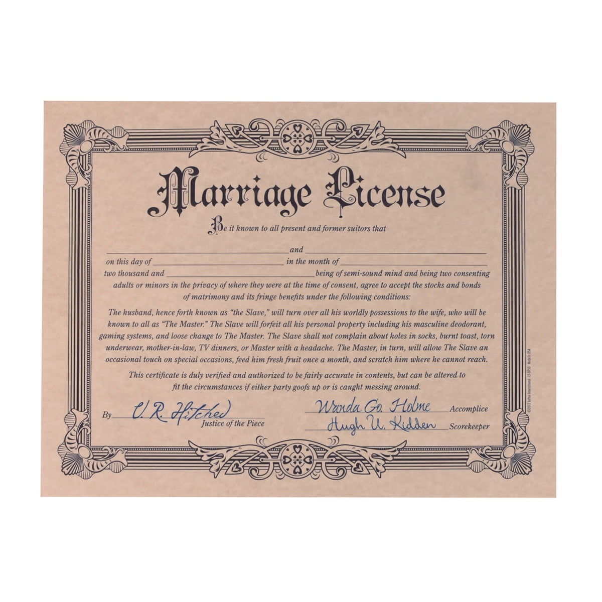 Funny Marriage License Certificate Bachelor Bachelorette Party Prank