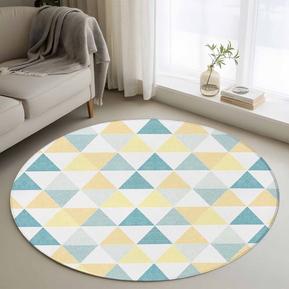 Round Rugs 3Ft, Teal Yellow Geometric Round Area Rug Washable Indoor Throw Carpet, Modern Triangle Abstract Art Small Non Slip Circle Rug for Bedroom Living Room Home Decor Aesthetic