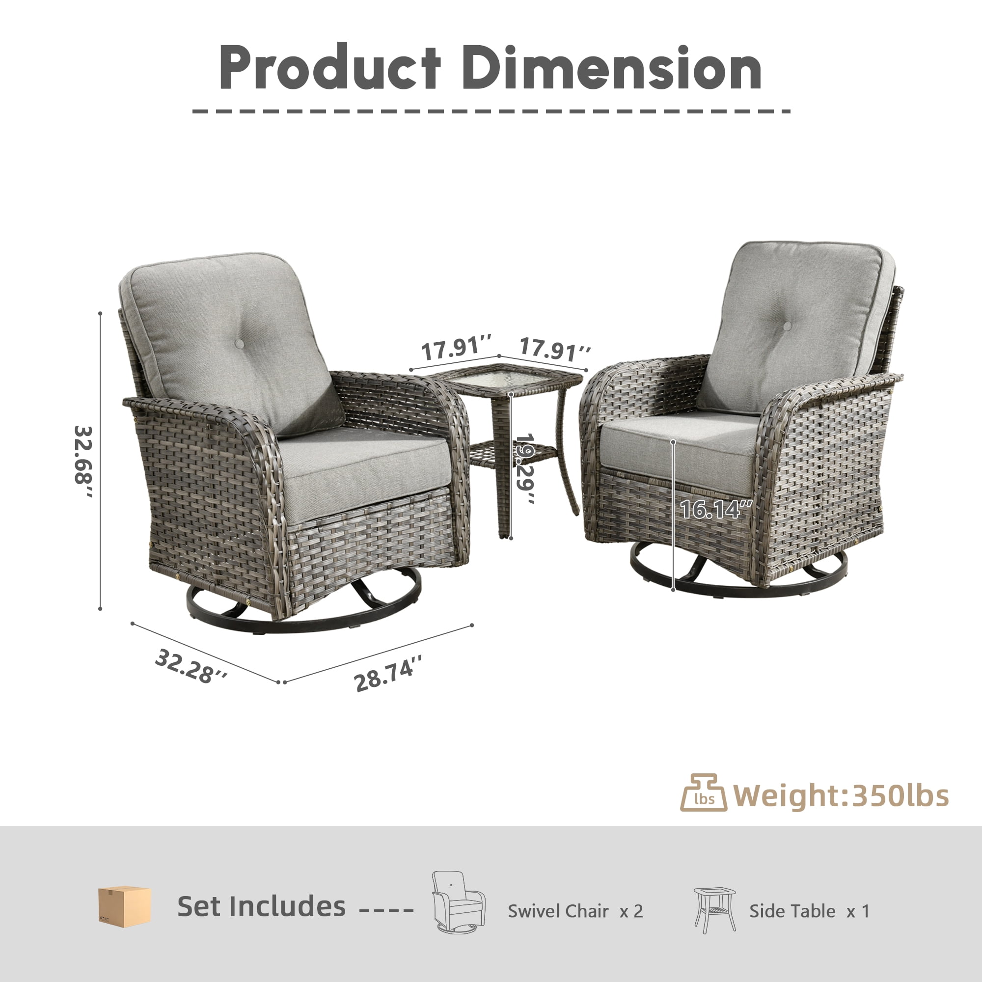 Ovios 3 Pieces Outdoor Patio Furniture Set High Back All Weather Wicker Conversation Set with Swivel Chairs, Dark Gray