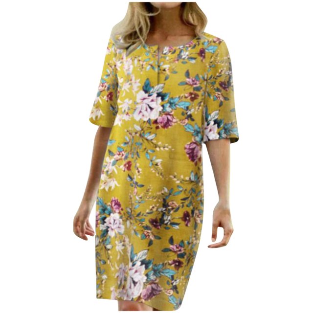Pompotops Femmes Casual Col Rond Demi Manches Imprimé Floral Robes