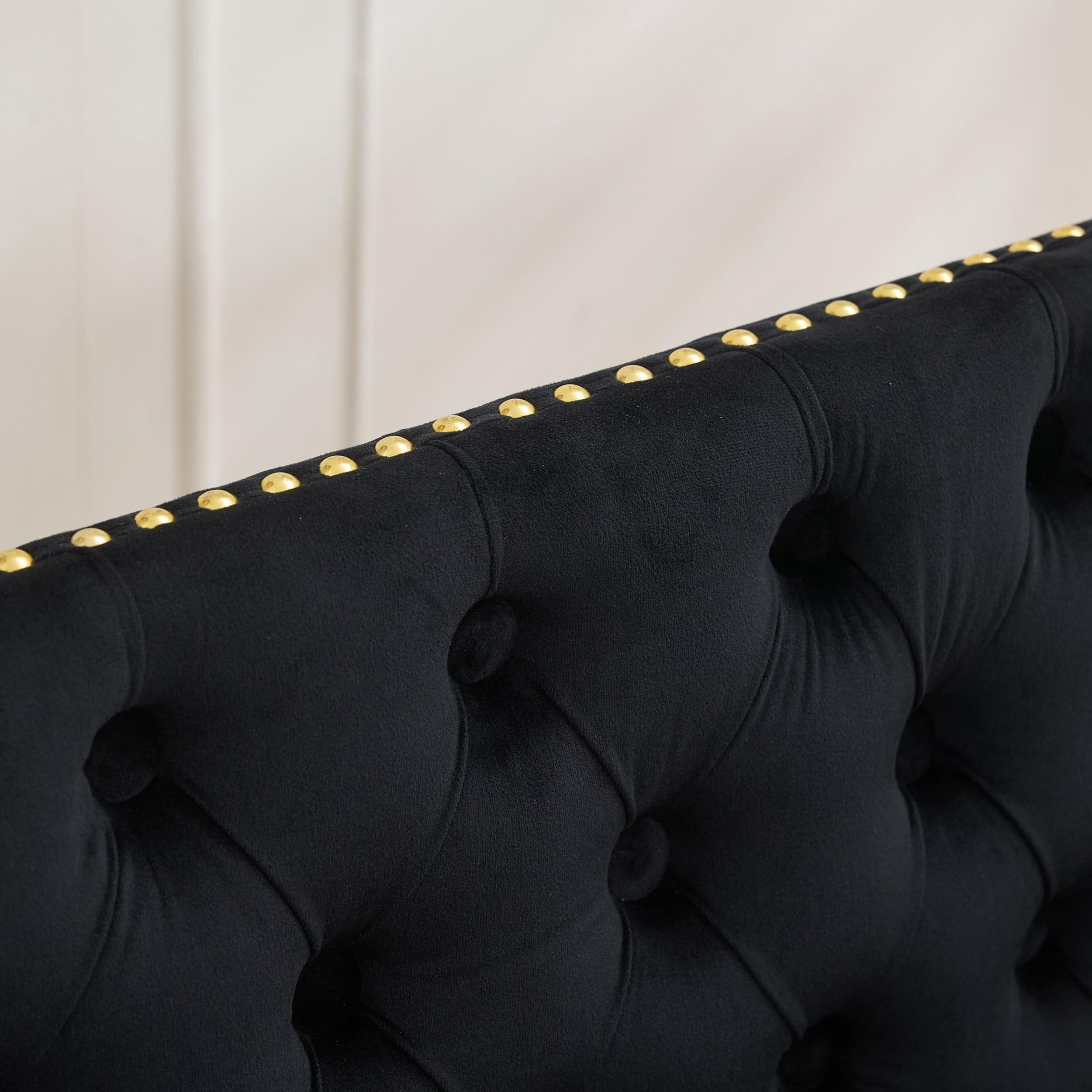 Black Velvet Double Dining Loveseat Bench, Tufted 2-Seat Kitchen & Dining Seating with Wing Back, Handmade Button Craft, Gold-Plated Steel Legs, Mid Century Modern Style