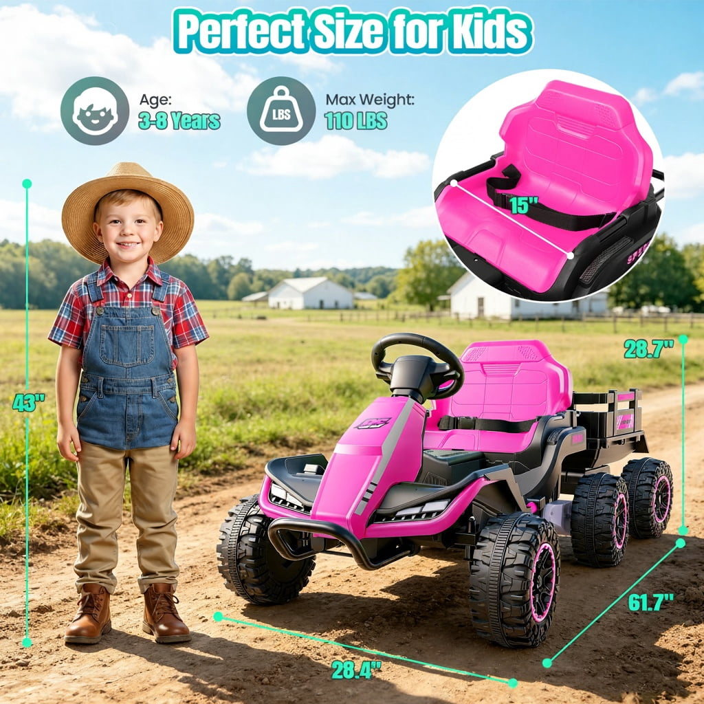 VIBESPARK 24V Ride on Toys with Remote Control, 3 in 1 Ride on Car, Ride on Tractor for Kids with Trailer, 6 Wheel Kids Electric Car w/ Bluetooth, MP3, Music, Pink
