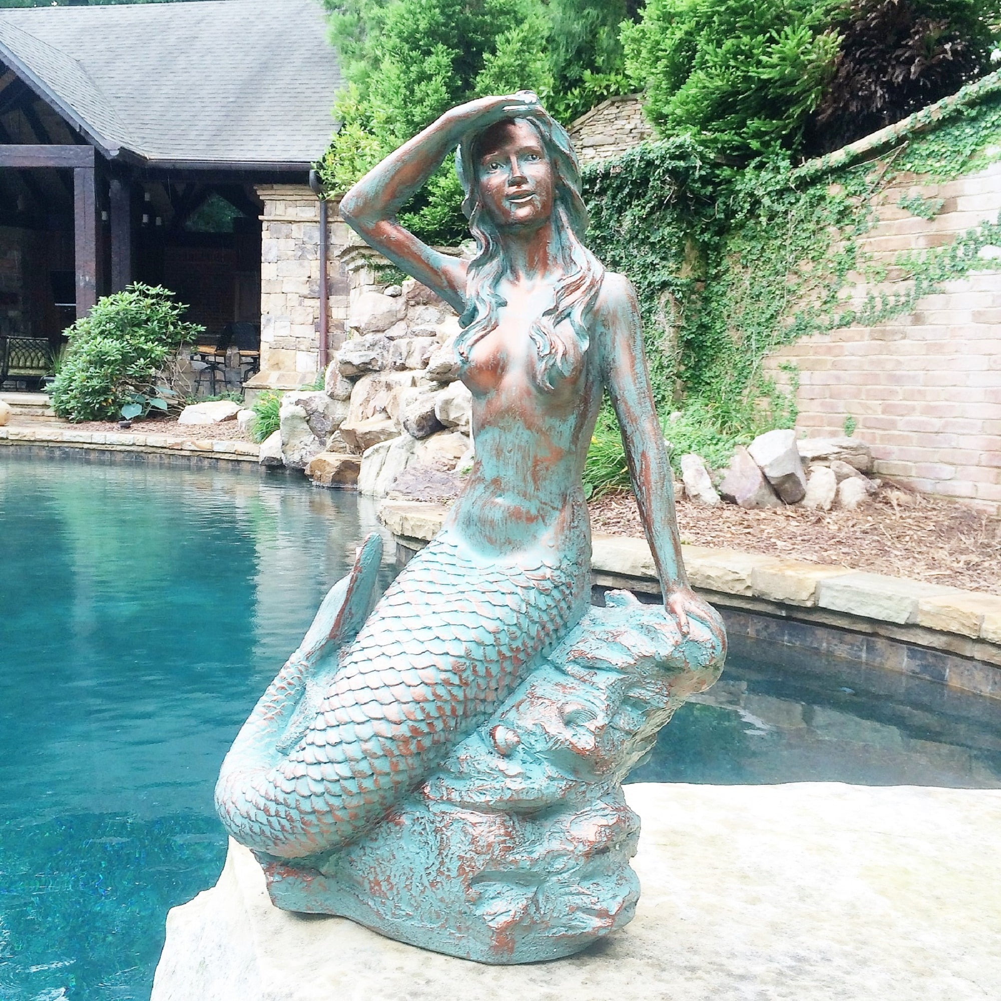 Homestyles 30 in. Giant Classic Mermaid Sitting on Coastal Ocean Rock Looking Out to Sea in Bronze Patina Finish Beach Nautical Garden Statue