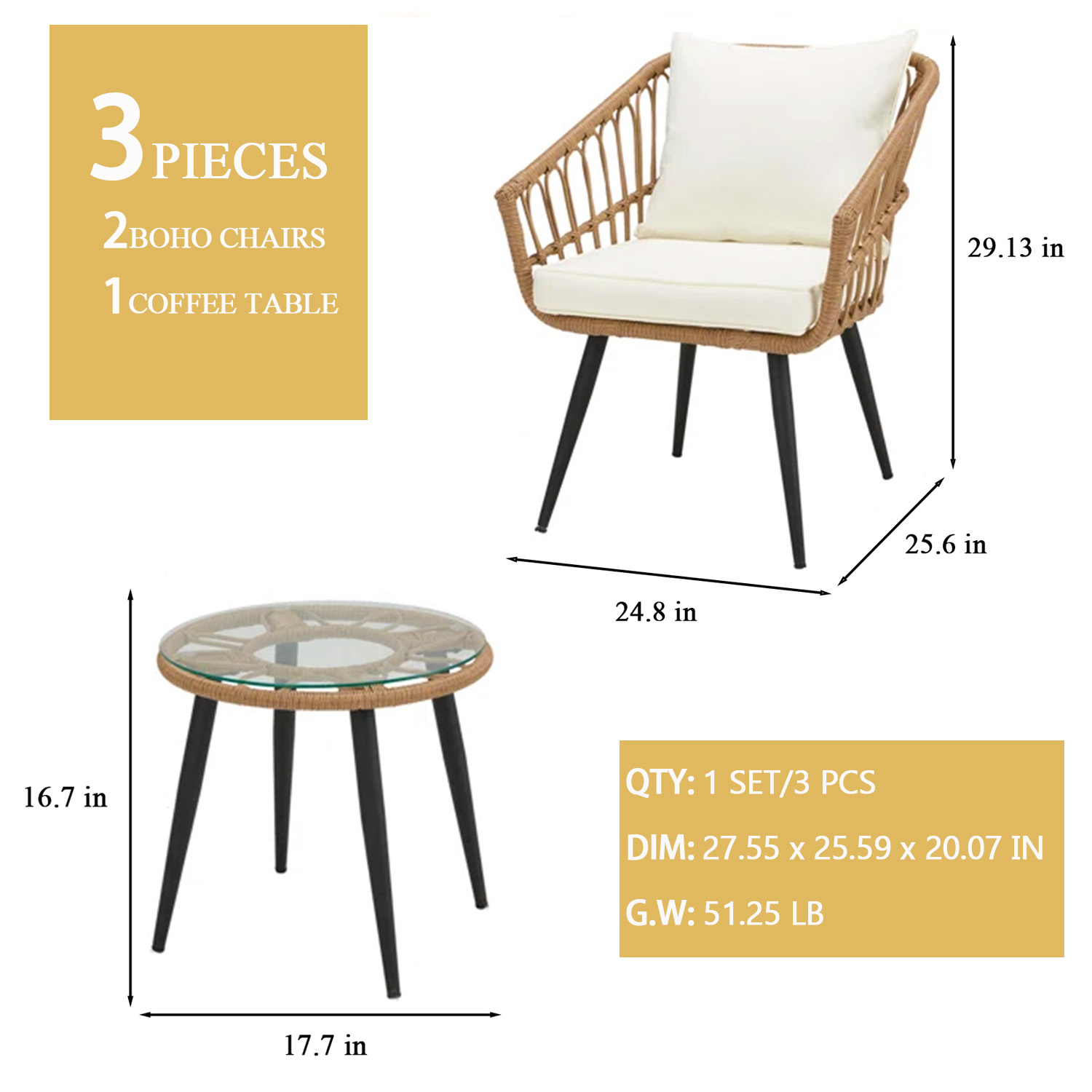 3 Pieces Patio Conversation Set Outdoor Furniture Wicker Rattan Chair with Cushions Bistro Sets Glass Top Coffee Side Table Seating Sectional Garden Balcony Backyard Poolside Sunroom Boho - image 3 of 7