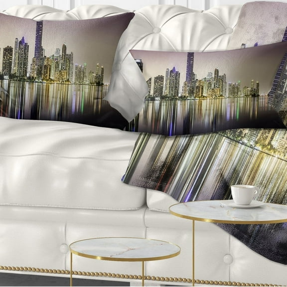 Designart Miami Downtown Night Panorama - Throw Pillow - 12x20