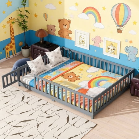 Bellemave Queen Size Floor Bed with Slats and Door, Montessori Floor Bed with Safety Guardrails, Wood Queen Floor Bed with Fence for Bedroom, Grey