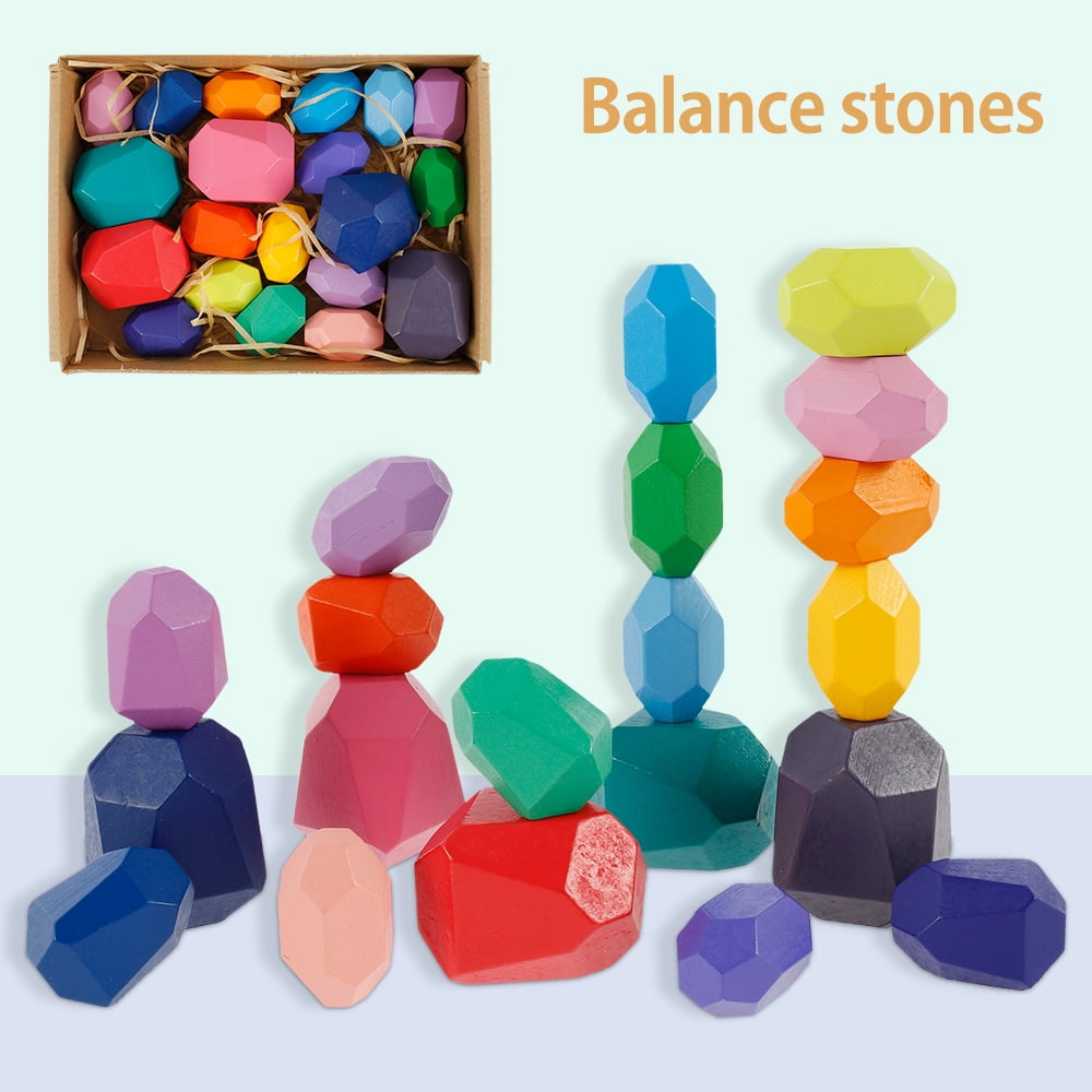 Creative Wooden Colored Stacking Balancing Stone Building Blocks Educational Toy 