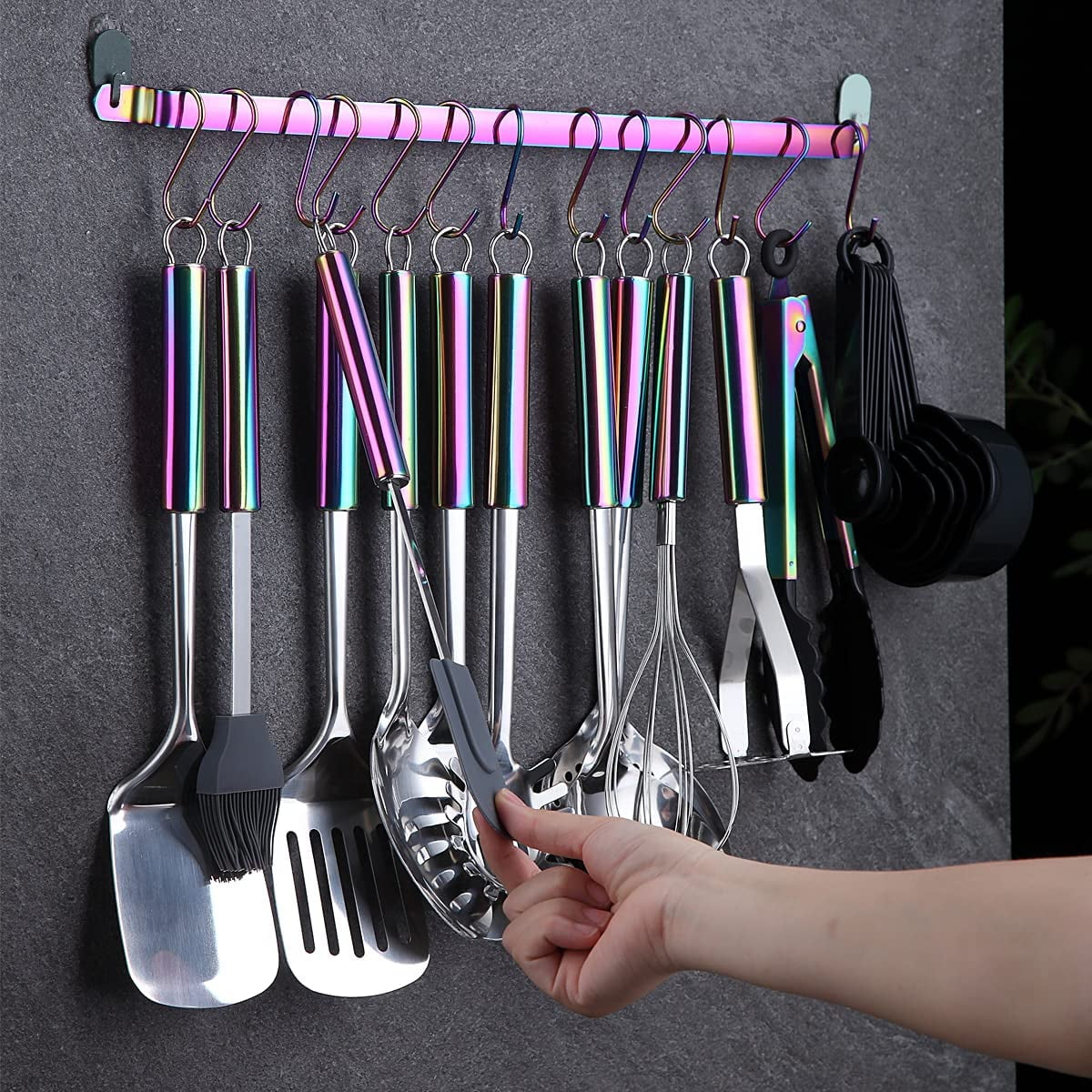 Reanea Gold Cooking Utensils Set Stainless Steel 37 Pieces Kitchen Utensils Set Kitchen Tools Gadgets Set with Hooks, Size: 17.01 x 5.28 x 4.92