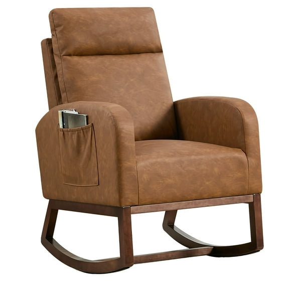 Sunvasagoo Wingback Rocking Chair with Wood Frame, Fleece/Linen/PU Upholstery, 4 Colors