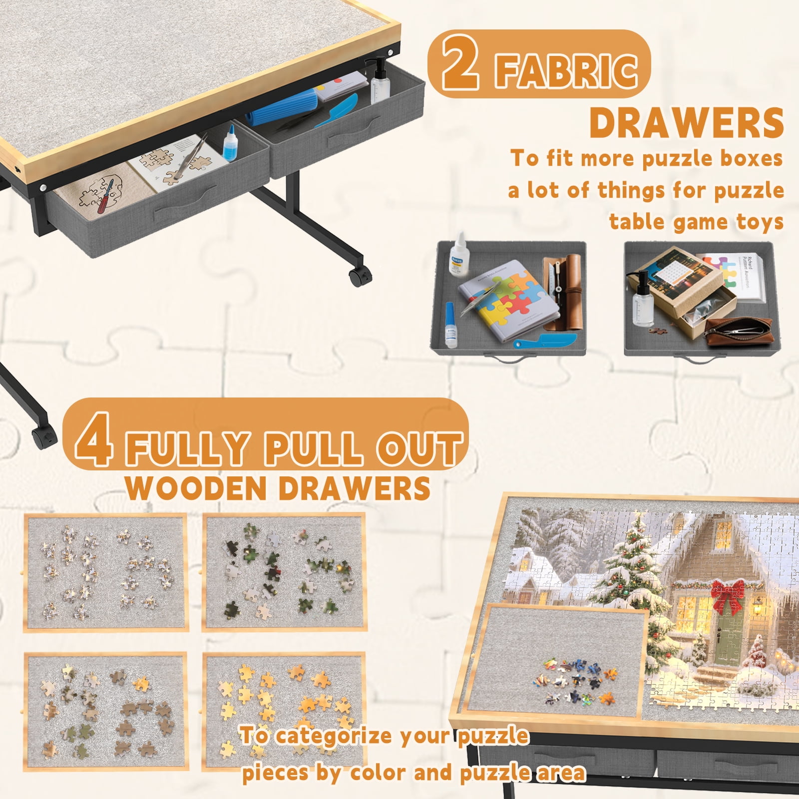 Jigsaw Puzzle Table 1500 Pieces with Drawer and Legs, Five Tilt Angle Adjustable, Portable Puzzle Table for Adults with Protective Cover, Natural Wood