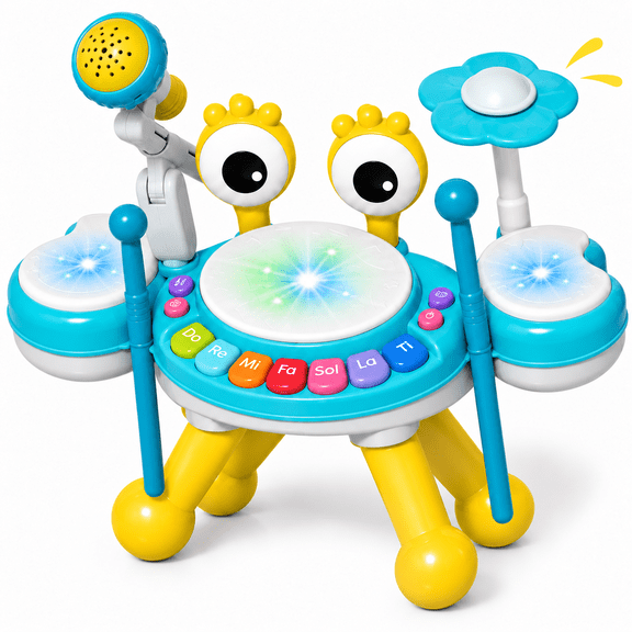SSLittleminds 3-in-1 Crab Jazz Drum Musical Toy with Microphone for Toddlers, Blue, 18M
