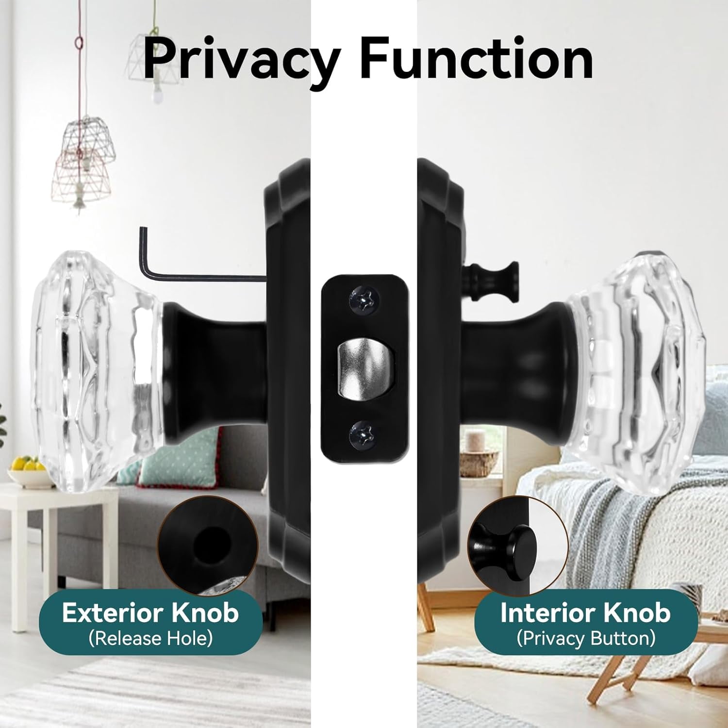 3 Pack Glass Door Knobs, Octagonal Black Crystal Door Knobs, Glass Privacy Door Knobs Interior for Bathroom Bedroom, Clear Crystal Door Knob Set