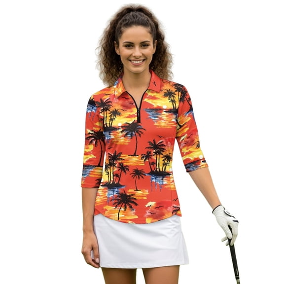 HUIACONG Sunset Ocean Women's Golf Polo Shirts Quarter Zip Polyester Spandex Fabric with Anti-Wrinkle Womens 3/4 Sleeve Golf Shirts for Ladies