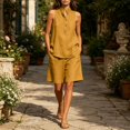 thumbnail image 6 of Nmnitkp Women 2 Piece Set Linen Look Matching Sets Stand Collar Half Button Sleeveless Top Pocket Bermuda Shorts Outfits for Summer Beach Vacation Daily Travel Lounge Wear, 6 of 7