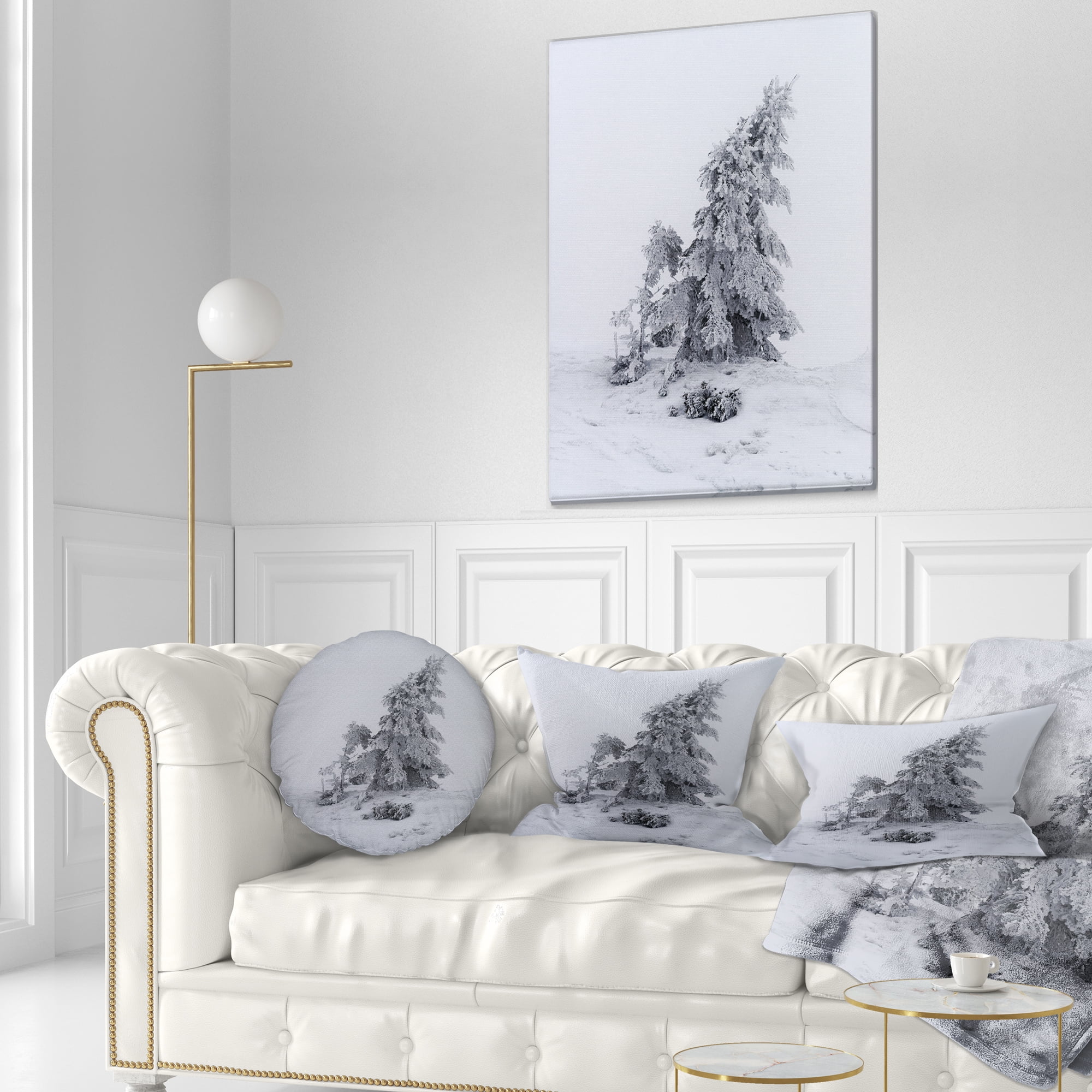 Designart Grayscale Valley in Frost - Landscape Photo Throw Pillow - 12x20