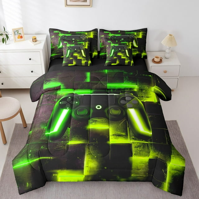 YST Ensemble de Literie de Jeu Vidéo, 7 Pcs, Dégradé Moderne Buffle, Simple, Noir Vert Jaune