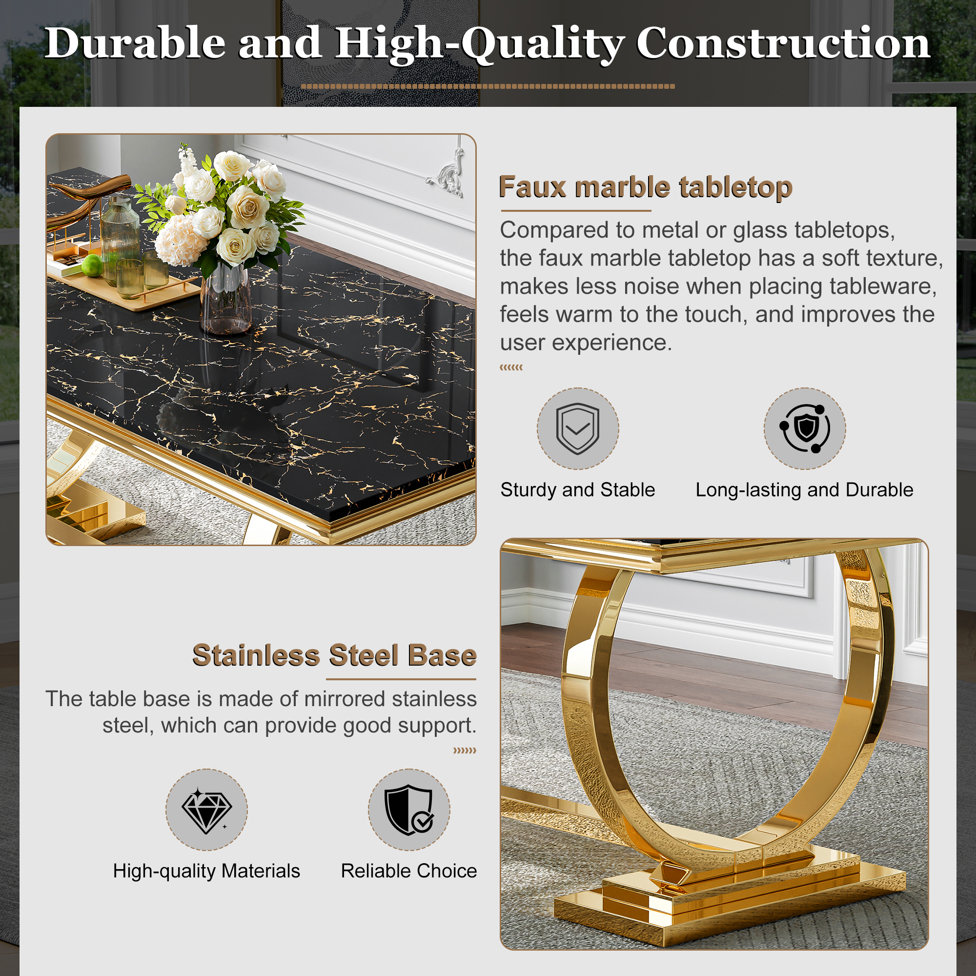 70" Rectangular Marble Dining Table, Polished Stainless Steel O-Shaped Base and Faux Marble Top for Dining Room or Kitchen