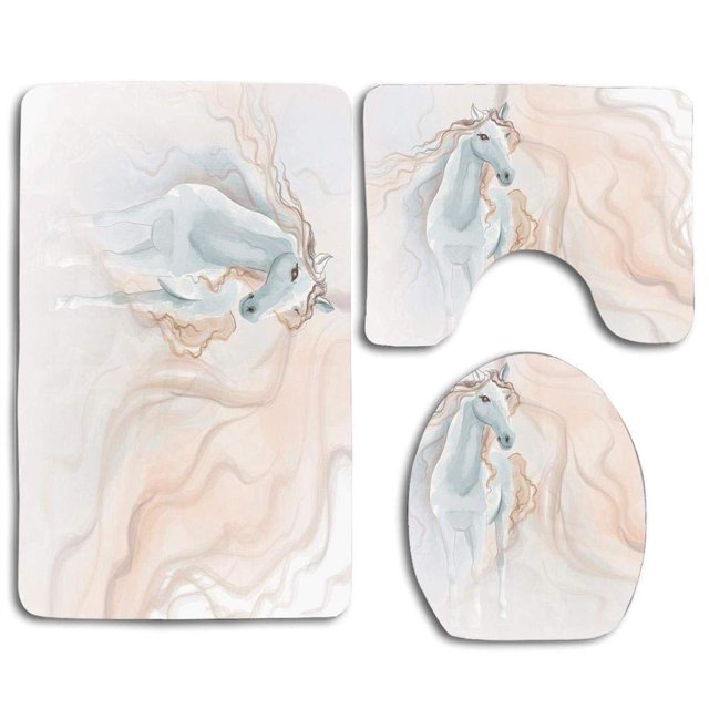 ABPHQTO Acuarela de caballo Pintura de un caballo de fantasía Líneas onduladas abstractas de ensueño Juego de alfombras de baño de 3 piezas Alfombra de baño Alfombra de contorno y tapa de inodoro