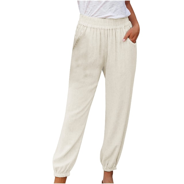 Woman Pants Fashion Plus Size Drawstring Solid Color Elastic Waist Loose Pants with Pocket Womens Linen Pants Khaki XXL