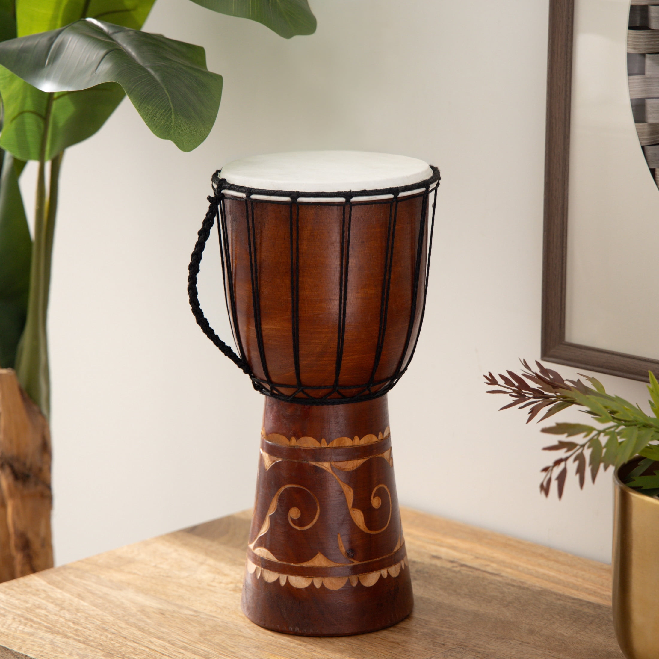 DecMode Eclectic Handmade Djembe Wood Drum Sculpture, 9"W x 16"H Features Ornate/Cow Leather Top Details and Polished Brown Finish