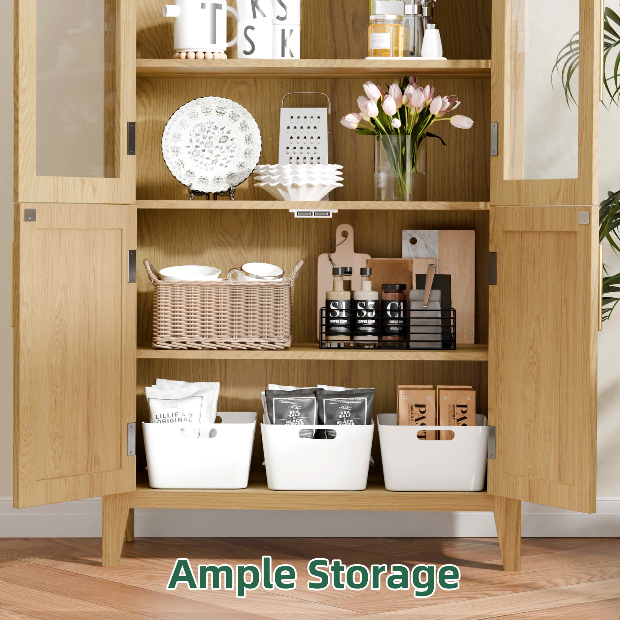 MAYEERTY 63" Oak Arch Cabinet with Glass Doors, for Home Office Living Room