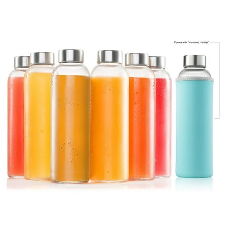 - Glass Bottles 6 Pack 18oz - Includes 6 Sleeves - Water Bottle Glass With Stainless Steel Caps With - Leak-Proof Lid
