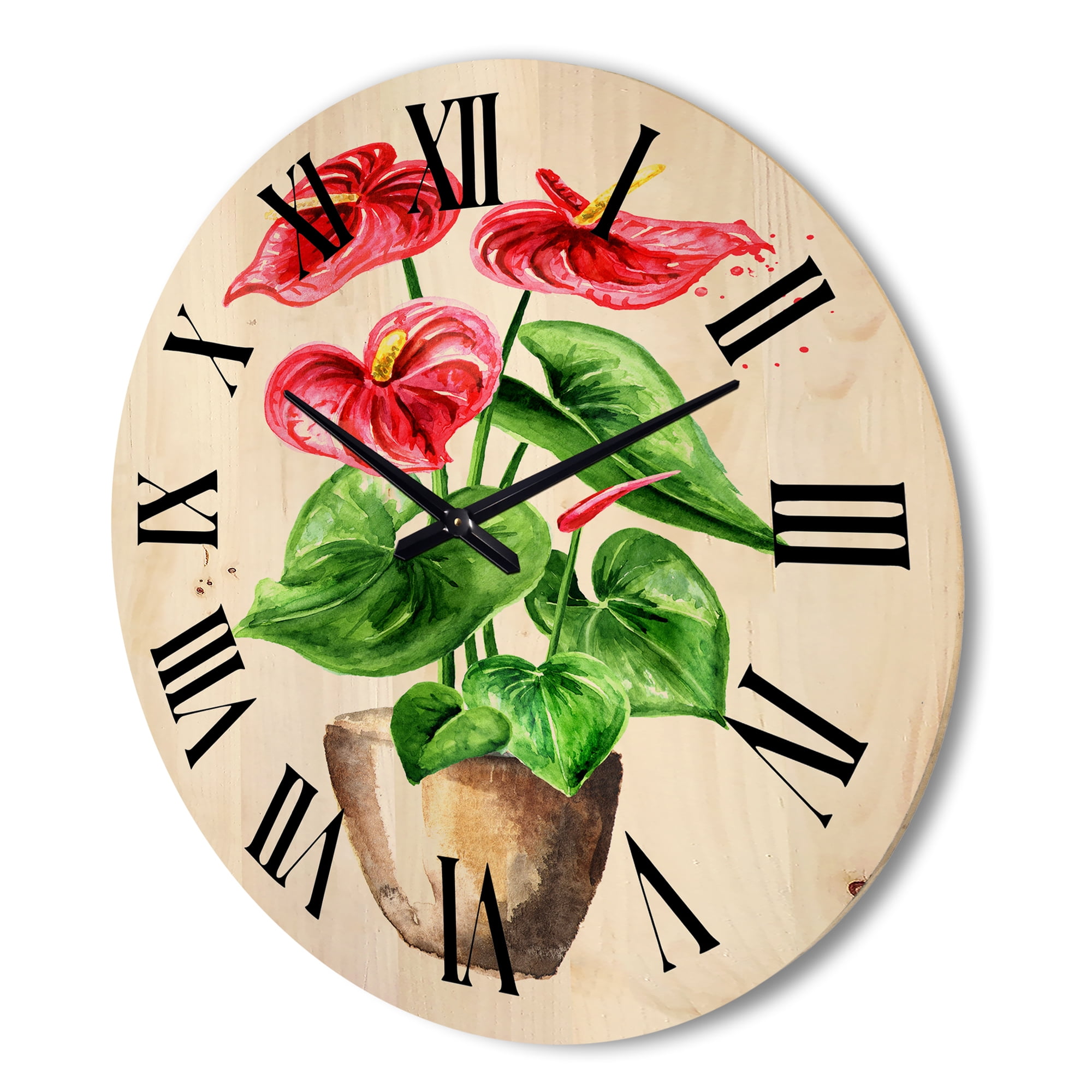 Designart 'Anthurium Tailflower In The Pot' Traditional Wood Wall Clock