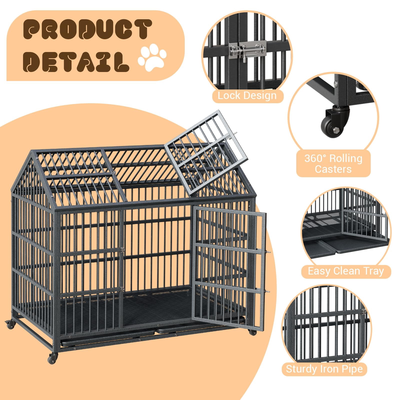 Garvee Heavy Duty Dog Crate, 52 Inch Indestructible Metal Dog Kennel Cage for Large Medium Small Dogs, Indoor Dog Crate with Lockable Wheels and Removable Tray