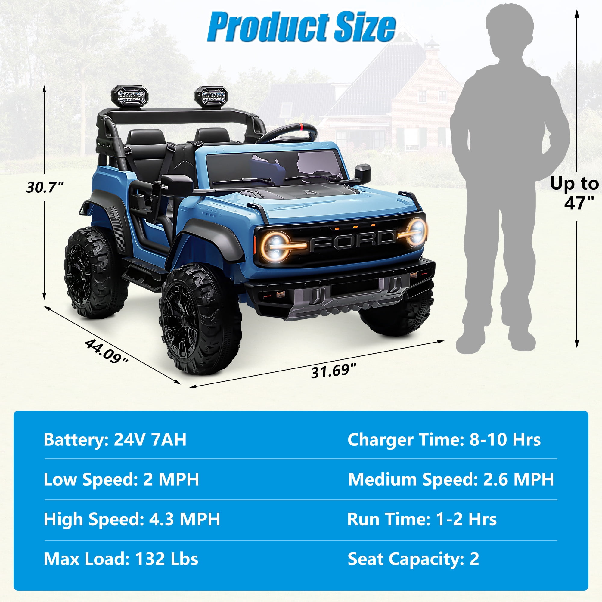 Conchico 24V 2 Seater Licensed Ford Bronco Powered Ride-On Truck, Kids Ride on Toys with Remote Control & Seatbelt, Blue