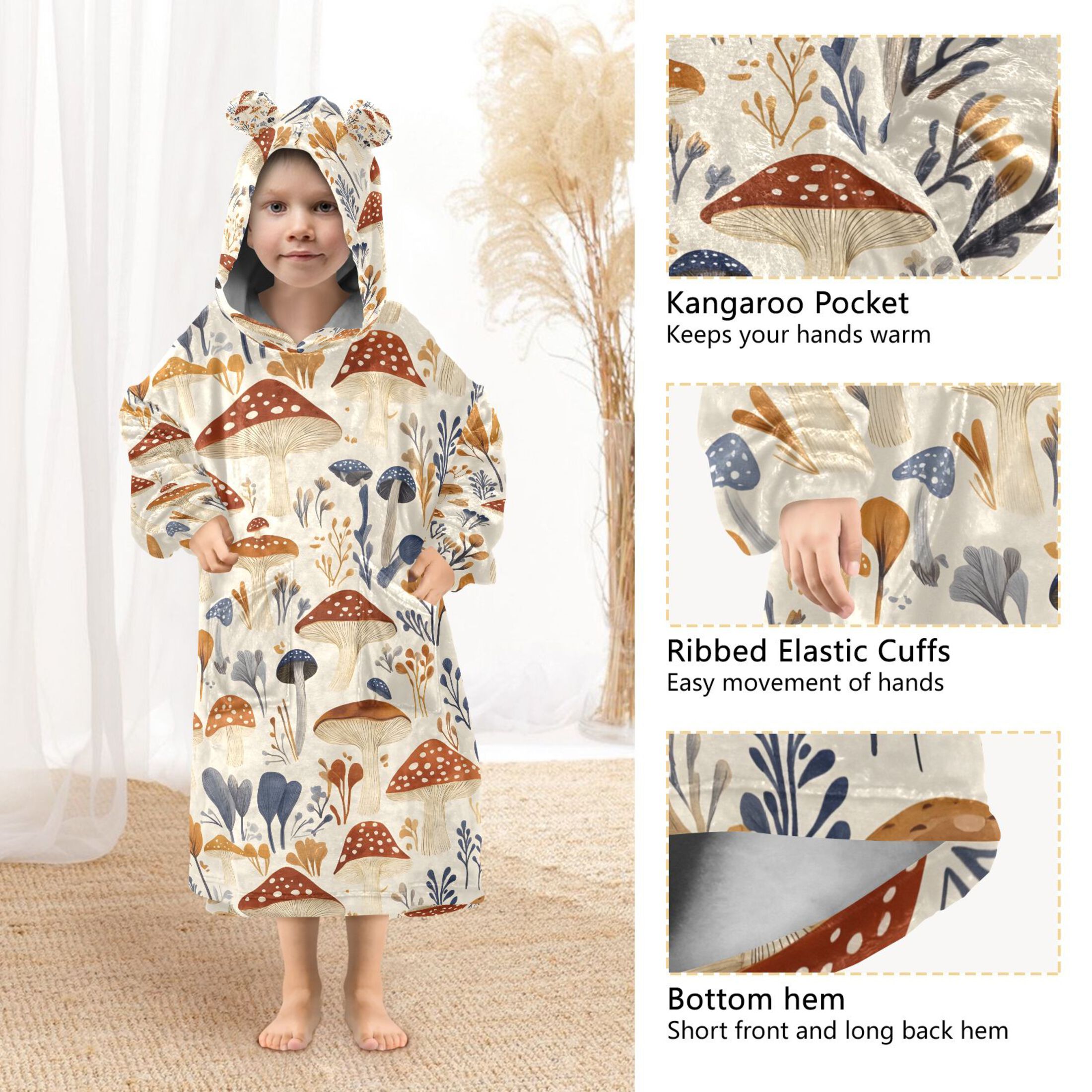 joogoo Blanket Hoodie for Mushrooms Pattern Oversize Sweatshirt 3-14 YR L