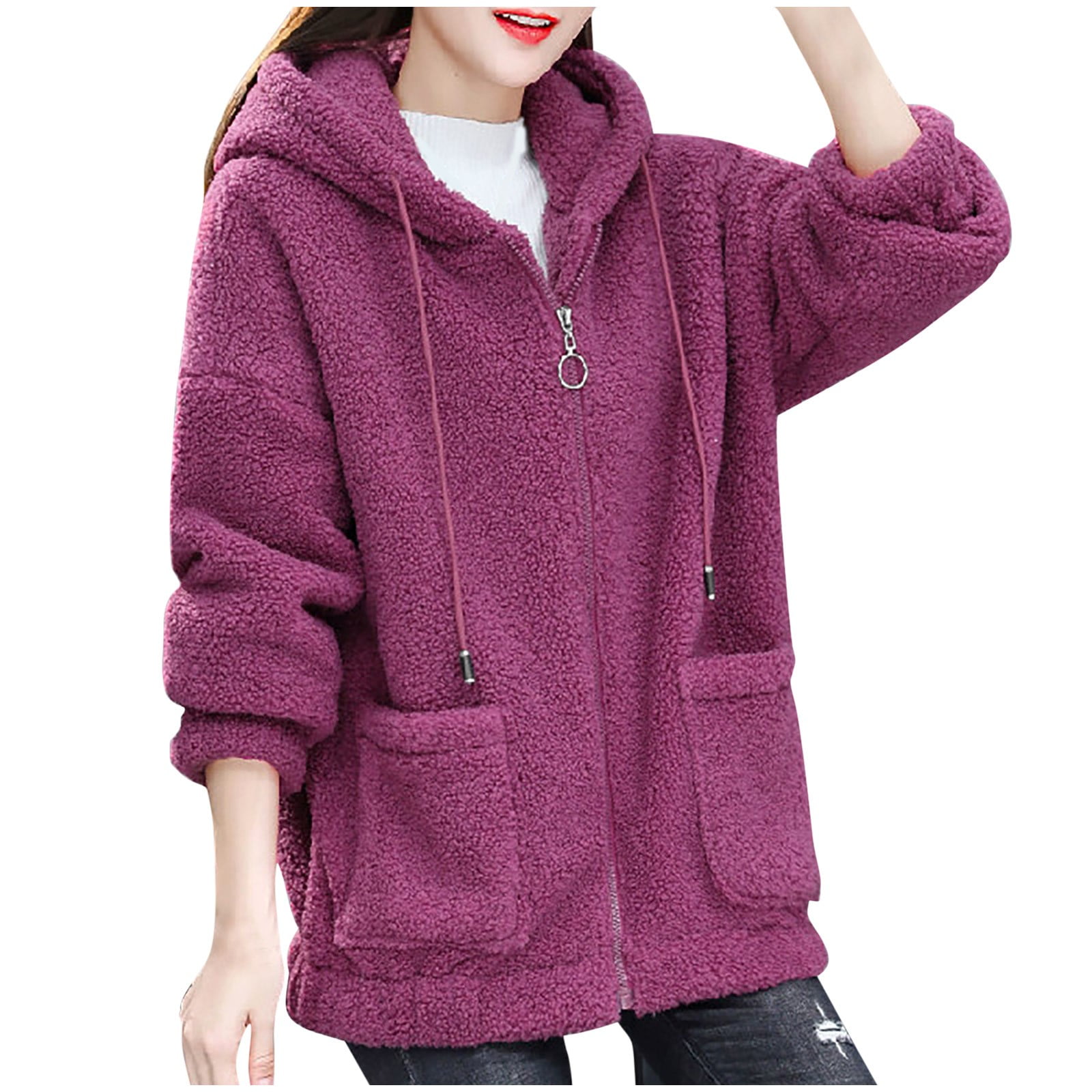 Plus Size Winter Coats for Women M-5X with Pockets and Hooded Fleece Full Zipper Jackets Casual Long Sleeve Loose Solid Warm Outerwear Coat