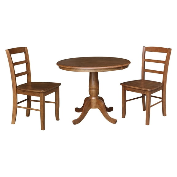 36" Round Solid Wood Extension Dining Table with Leaf and 2 Madrid Ladder Back Chairs in Distressed Oak by International Concepts