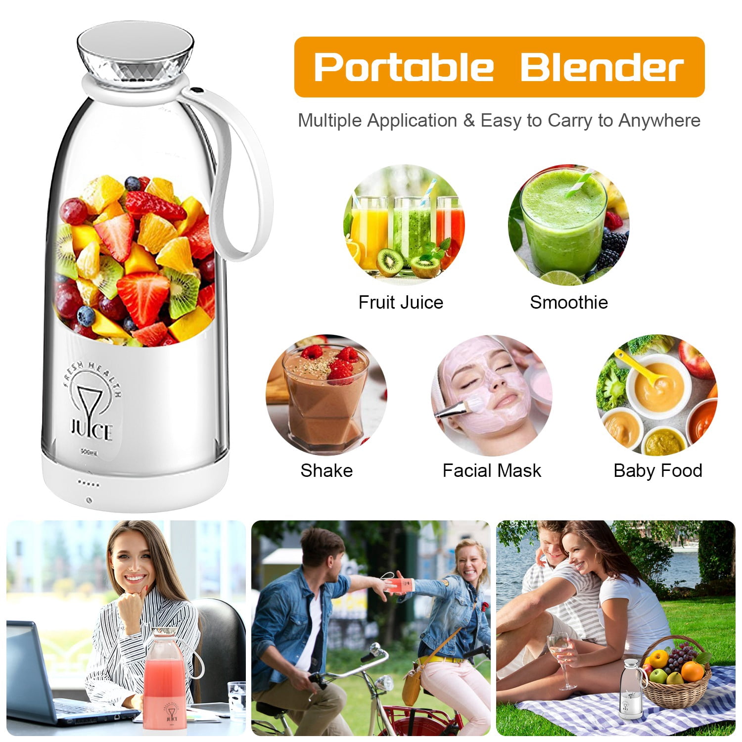Moclever 2 in 1 Portable Juicer Blender, 16.9oz Electric Smoothie Blender Rechargeable Personal Fruit Mixer with 6 Blades for Shakes Smoothies Juice, White