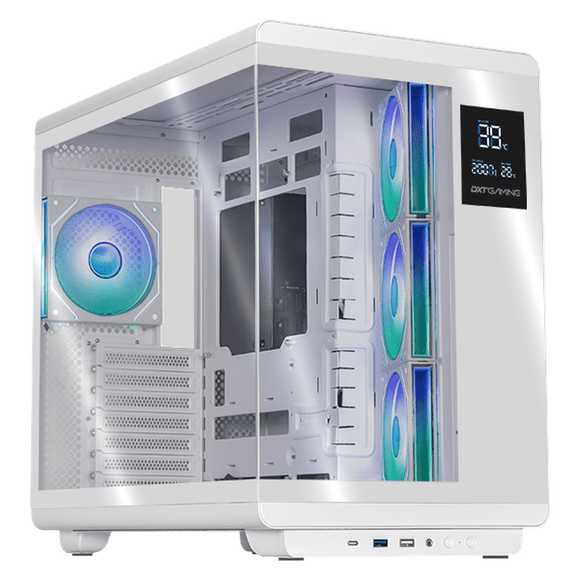 Gabinete DXT GAMING Titan X Media Torre con Display de Temperatura y Velocidad 4 Fan ARGB USB-C Blanco CDXT600WT