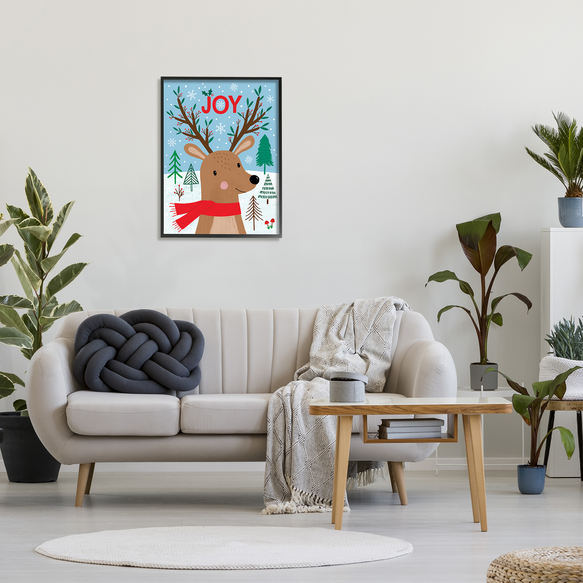 Stupell Industries Red Holly Reindeer Winter Forest Joy Typography Animals & Insects Painting Black Framed Art Print Wall Art, 24 x 30