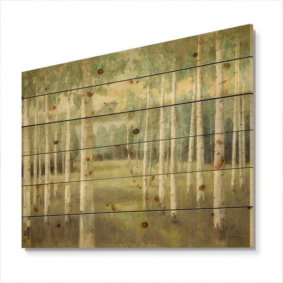 Designart 'Abstract Aspens Neutral Forest' Traditional Print on Natural Pine Wood