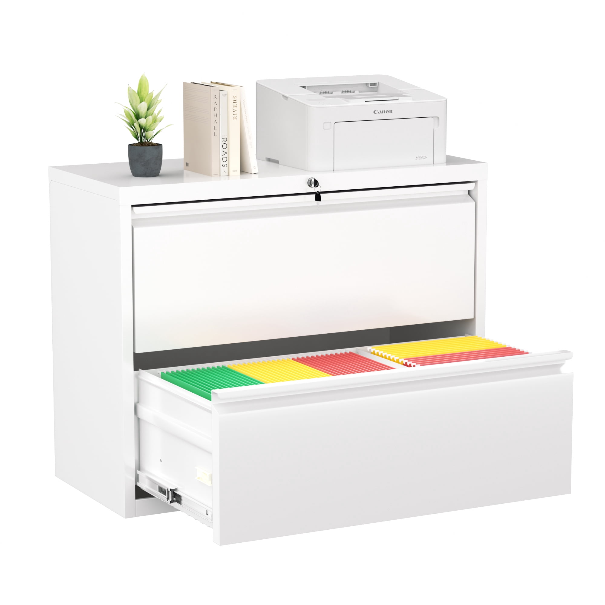 SUNCROWN Lateral File Cabinet 2 Drawer, Lockable Metal Filing Cabinet for Home Office, White Metal File Cabinet with Lock for Legal/Letter/A4/F4 Size with Hanging Bars&Key