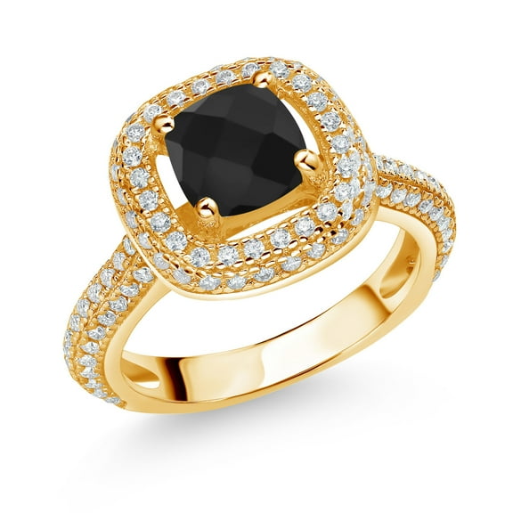 Gem Stone King 18K Yellow Gold Plated Silver Black Onyx and White Moissanite Engagement Ring for Women (1.55 Cttw, Cushion Checkerboard 6MM, Gemstone December Birthstone, Size 7)
