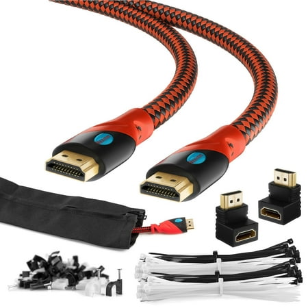 Maximm HDMI High Speed Cable 40FT For Ethernet 3D 4K Audio Return Blu-Ray Playstation XBox & Streaming. Red & Black Braided Cable 30AWG - Cable Sleeve Ties Clips 90 & 270 Degree Adapter