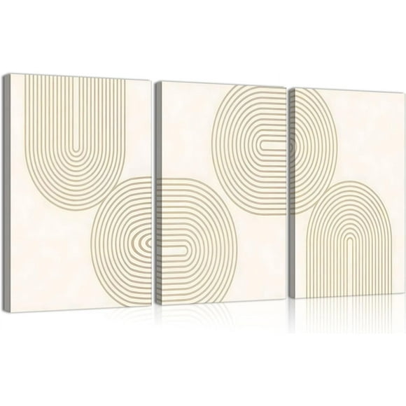 3 Pcs Beige Boho Canvas Wall Art Neutral Geometric Symmetry Line Aesthetic Pictures Minimalist Prints Mid Century Modern Simple Abstract Painting Posters Wall Decor for Living Room 12x16in Framed