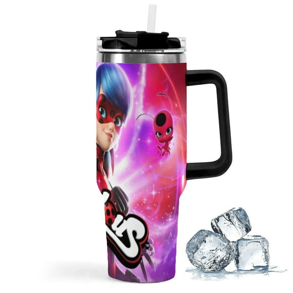 MIRACULOUS-ladybug Vaso aislado de acero inoxidable con asa, diseño temático, regalo para familia, amigos y fans; incluye pajita y encaja en el portavasos estándar, 40 oz