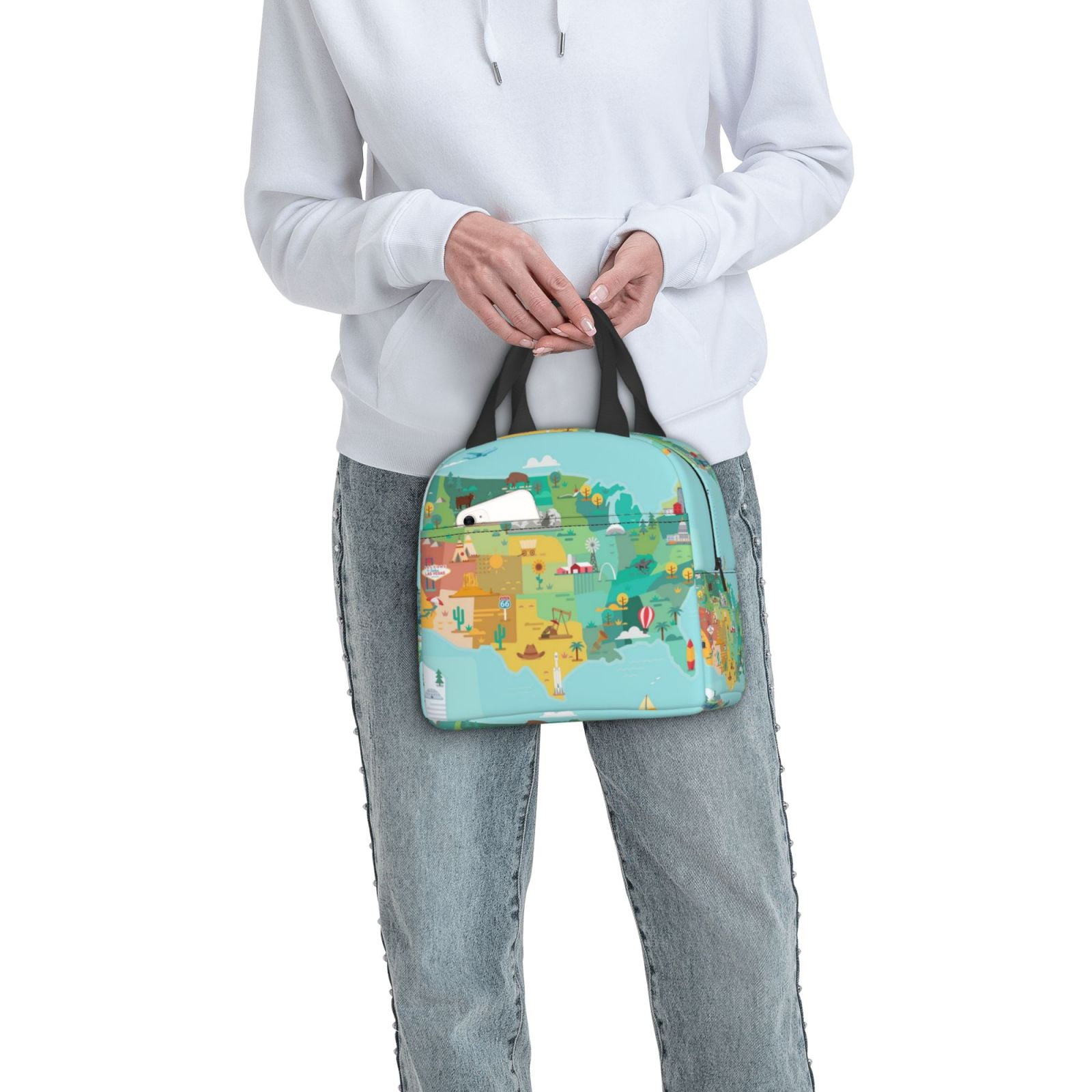 Naloa USA Tourist Map Print Lunch Box for Women Men,Insulated Lunch Bag,Lunchbox,Thermal Leakproof Cooler,Reusable Lunch Tote Bag for Work School Travel Picnic