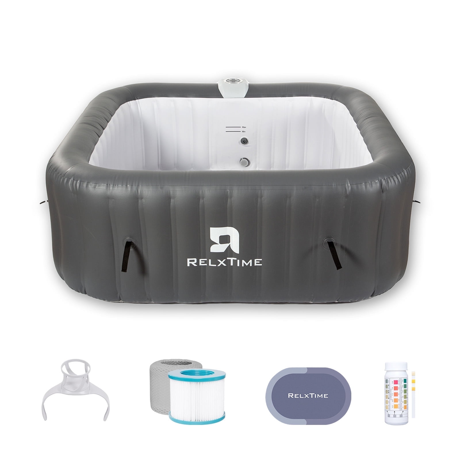 RELXTIME 73*73 inch Portable Square Inflatable Massage Pool for 4-6 People Outdoor Spa with 130 Bubbling Massage Jets, Built-in Heating Pump with Two Cartridges, Gray