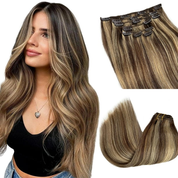 Extensiones de cabello humano con clip, color marrón medio, rubio caramelo mezclado, extensiones de cabello con clip #4/27, reflejos rubios, extensiones de cabello real con clip en cabello humano para