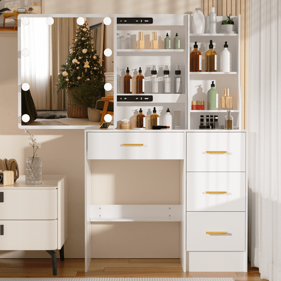Ciumeeo Modern Vanity Desk with Sliding Mirror, 3 Colors Brightness Adjustable, 5 Drawers & Storage Shelves, Makeup Vanity Desk for Bedroom(White)