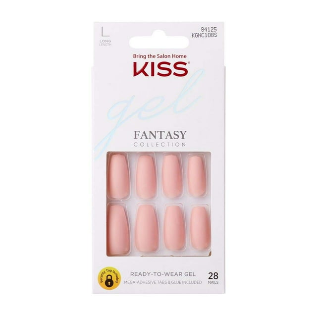 KISS Gel Fantasy Uñas de gel a presión listas para usar All About You Kit de uñas largas con acabado mate rosa con 24 mega pestañas adhesivas Pegamento de gel rosa Mini lima y 28 uñas postizas