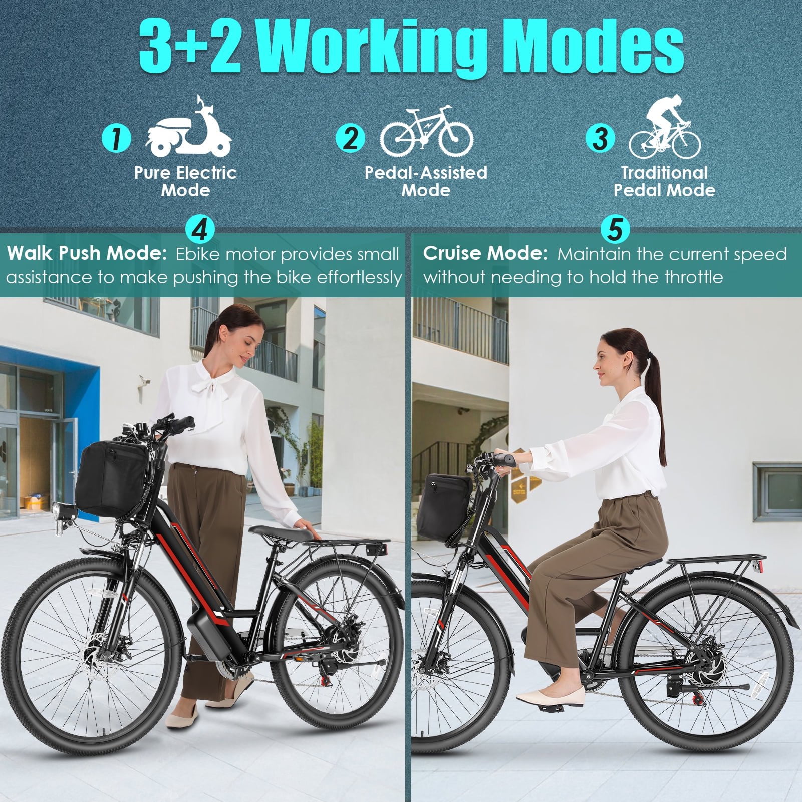 Elifine 500W Electric Bike for Adults, 26" Commuter Electric Bicycle 19.8mph City Ebike with 5 Riding Modes, 48V 7.8Ah Removable Battery UL 2849, LCD Intelligent Display Hybrid Electric Bike Red