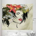 thumbnail image 1 of Women Tapestry, Lady Portrait Sketchy Digital Drawn Tropic Floral Exotic Headpiece, Fabric Wall Hanging Decor for Bedroom Living Room Dorm, 5 Sizes, Grey Yellow Coral and Green, by Ambesonne, 1 of 1